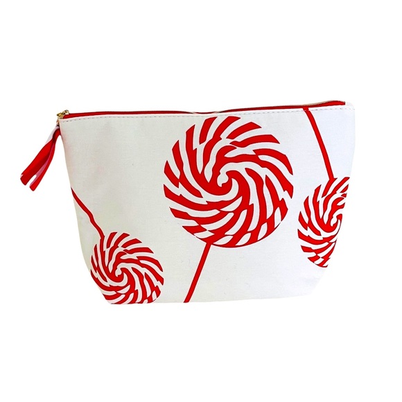 NEW Clarins Cosmetic Bag w/ Striped Candy Design, Red Interior, Zipper Pull … - Picture 1 of 5